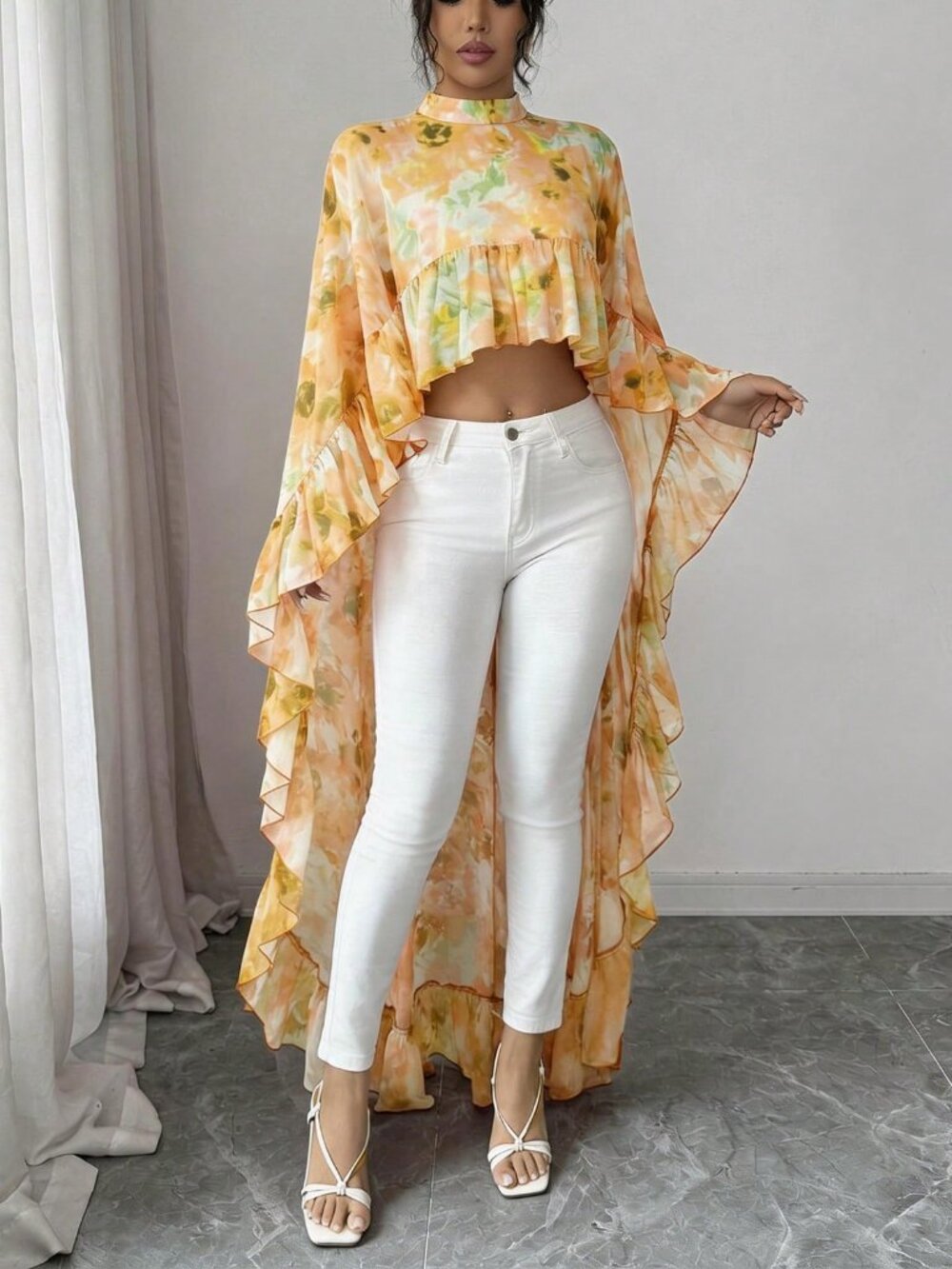 Yellow Women's darin Collar Chiffon Floral Ruffle Trim hi-low Elegant Blouse